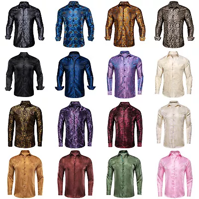 Mens Dress Silk Shirt Long Sleeve Blue Paisley Casual Button Down Shirts Men Top • £18.99