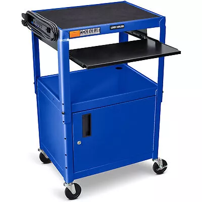 Luxor Adjustable Height Blue Metal A/V Cart W/ Pullout Keyboard Tray And Cabinet • $398.34