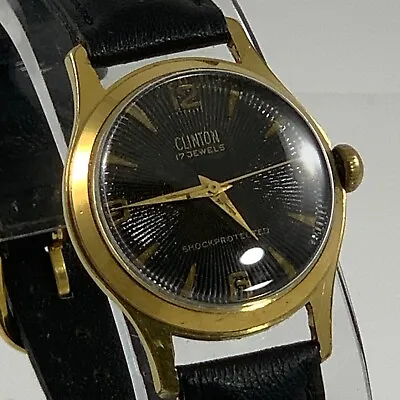 Vintage Clinton Black Starburst Dial Manual Wind Watch W/ A German 17J Movement • $54