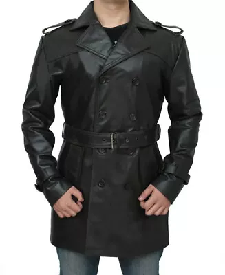 Men's German Classic WW2 Officer Military Uniform Black Leather Pea Coat • $129