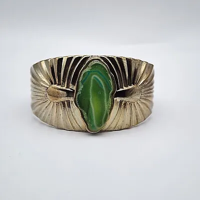 Vintage Green Agate Oval Bezel Set On Decorative Gold Tone Bangle Bracelet • $25.49