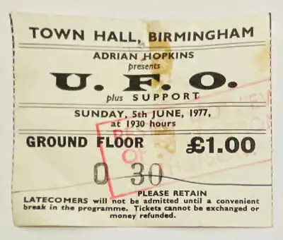 U.F.O. UFO Original Used Concert Ticket Town Hall Birmingham 5th Jun 1977 • £7.56