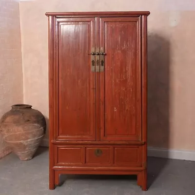 Antique Chinese Cupboard 19th Century Red Lacquer Tall Linen Cabinet • £1400