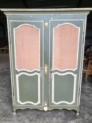 £375 • Buy Antique Painted French Large Armoire Linen Press Wardrobe Fabric Shelves
