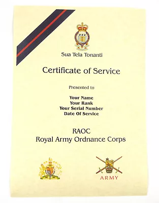 £9.99 • Buy Raoc Royal Army Ordnance Corps Personalised Certificate Of Veterans Service