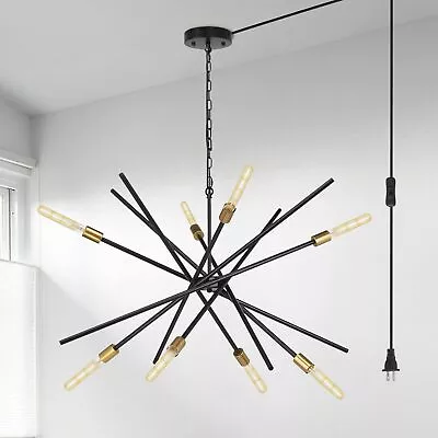 Modern Plug In Chandelier Mid-century Black And Brass 8-Light Sputnik Chandel • $120.75