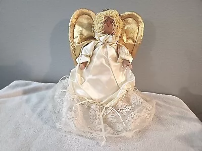 Vintage Angel Christmas Tree Topper Gold Wings Lace Trimmed  Satin Dress. • $14.95