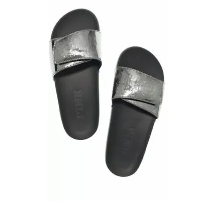 Victorias Secret PINK Gun Metal Silver Crossover Adjustable Slides Sandal S 5-6 • $25.95