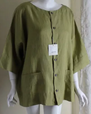 NWT Eskandar Sz 0 Exquisite Scoop Neck Tunic Jacket Top Green Changeant Linen • $722.01