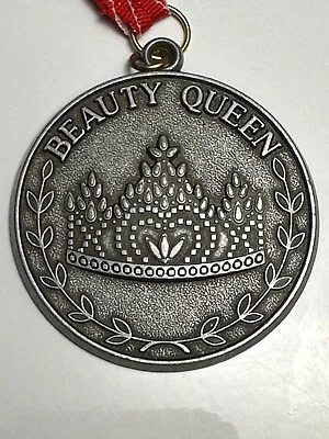 Vintage Crown Trophy Beauty Queen SILVER  Medal With Red White Blue Ribbon    A • $16.50