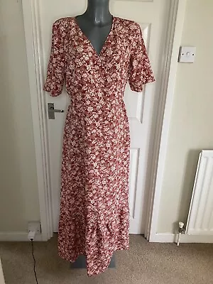 Ladies Size 14 Primark Maxi Brown Cream Floral Dress Cross Over Wrap Summer Wear • £8