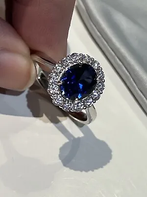 QVC Rhodium Plated Sterling Silver Simulated Sapphire & Diamonique Cluster Ring • £45