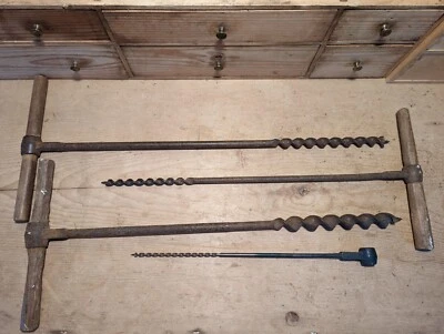 £45 • Buy Vintage T Handle Wood Augers~Barrel Eye~Augers X4~Green Woodwork~Drill~Boring~