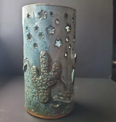 Wolf Moon Stars Cactus Studio Pottery Vase Candle Holder Signed 9  Southwestern • $49.90