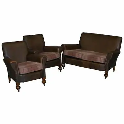 £2850 • Buy Edwardian Walnut Brown Leather Three Piece Sofa, Armchairs Suite Tartan Cushions