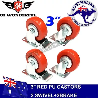 4PCS 3  75mm RED PU Swivel Castor Wheels Trolley Furniture Heavy Duty Castors • $34.99