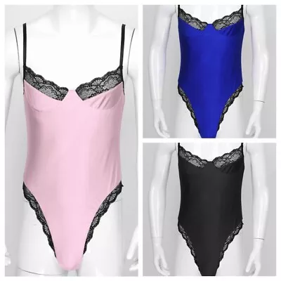 Men Satin Lace Bodysuit High Cut Thong Bodycon Leotard Lingerie Nightwear Romper • £2.99