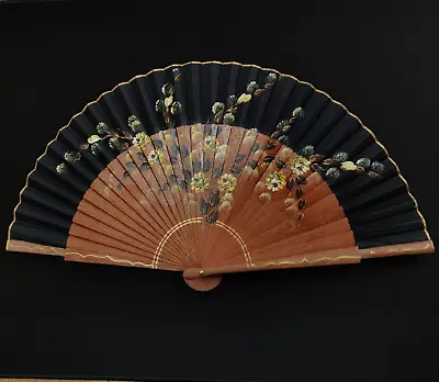 Vintage Asian Wooden & Fabric Hand Painted Folding Fan Brown Black • $9.99