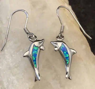 Vintage CI Blue Faux Opal Dolphin Dangle Earrings Sterling 925 Silver 3.3g • $21.20