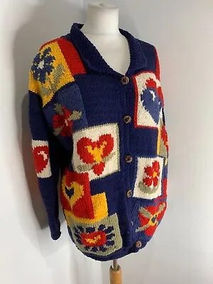 £85 • Buy PACHAMAMA 100% Wool Handknit Cardigan L XL Heart Flower Theme Chunky Knit