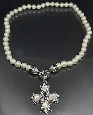 Judith Ripka Sterling 925 Pearl DQCZ Amethyst Maltese Cross Pendant Necklace 18” • $255