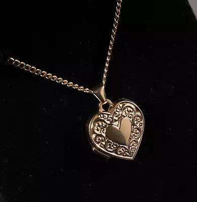 9ct Yellow Gold Heart Photo Locket Pendant Charm Scroll Engraved Small Polished • $189