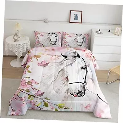  White Horse Bedding Pink Cherry Blossom Comforter Set Wild Animal Twin Multi 2 • $43.43