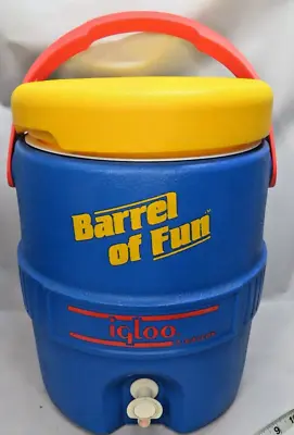 Igloo Barrel Of Fun 2 Gallon Blue Yellow Drink Cooler Jug Vintage 1990s Texas • $15
