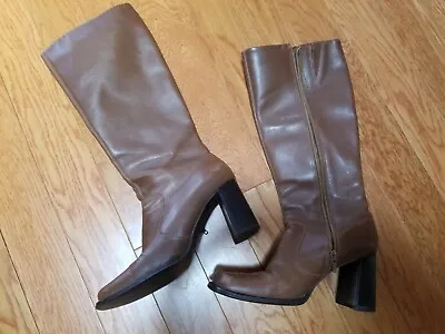 Colin Stuart Victoria's Secret Brown Block Heel Square Toe Leather Boots Sz 6.5 • $50