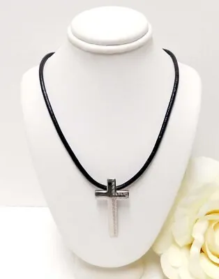 Vintage Silver Tone Etched Cross Pendant & Leather Cord Necklace 20  Signed Aj • $10.99