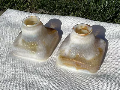 Pair Antique Arts & Crafts Bournique Glass Lamp Shades Caramel Slag Kokomo 2 1/4 • $299.99