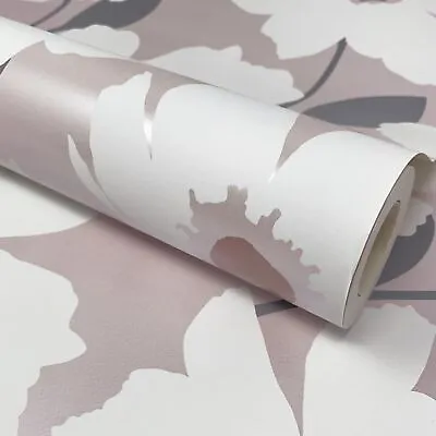 Fine Decor - Pretty Metallic Blush Pink White & Grey Climbing Flowers Wallpaper • £6.49