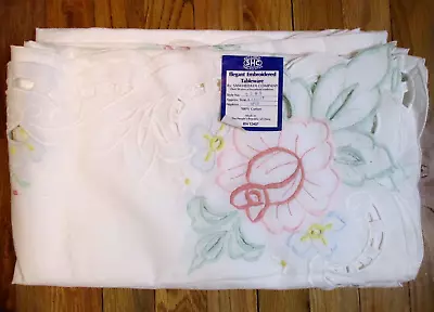 Vintage Tablecloth White Cutwork Embroidery Floral Lace Country Farmhouse 64x84 • $59.99