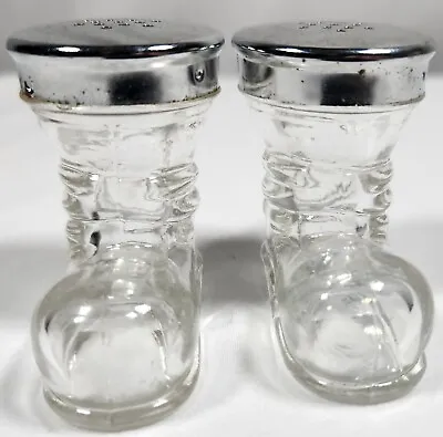 Vintage Santa Boots Clear Glass Mini Salt & Pepper Shakers Silver Top Christmas  • $10.90