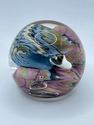 Signed KARG Art Glass Paperweight Pastel Colors  FEATHERED PINK BLUE GREEN SWIRL • $78