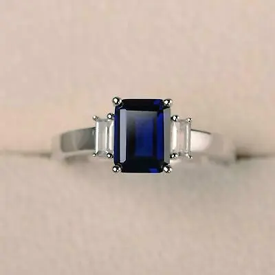 £95.99 • Buy 2ct Simulated Blue Sapphire Baguette Accent Trilogy Ring 14k White Gold Plated