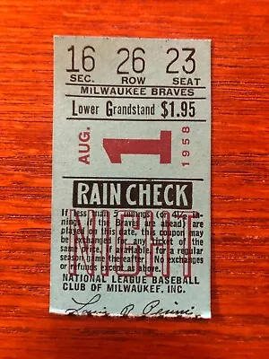 1958 Milwaukee Braves Vs. San Francisco Giants Ticket Stub • $35