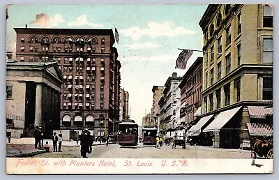 Postcard St. Louis MO Fourth Street And Planters Hotel Trolleys Horse-Drawn 1910 • $5.95
