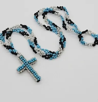 Vintage Rosary Seed Bead Beads Blue Black White Reversible Cross 14.5 In † • $17.32