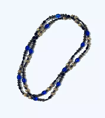 Vintage Cloisonne Flower Enamel Blue Gold Beaded Necklace • $59.95