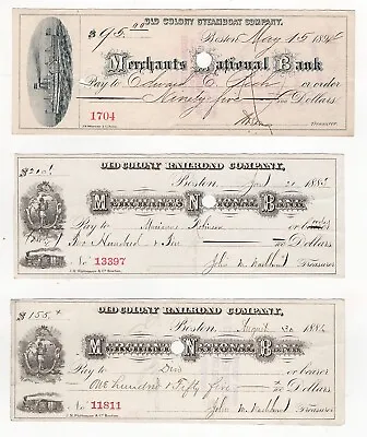 1884 - 94 Lot Of 3 Merchants National Bank Checks Old Colony Steamboat Co Boston • $35