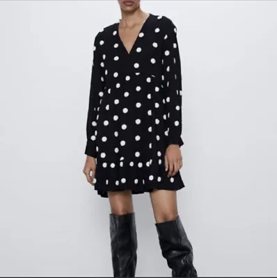 Zara Polka Dot Long Sleeve Dress V-Neck Pom Pom Size XS Black/White • $27.99
