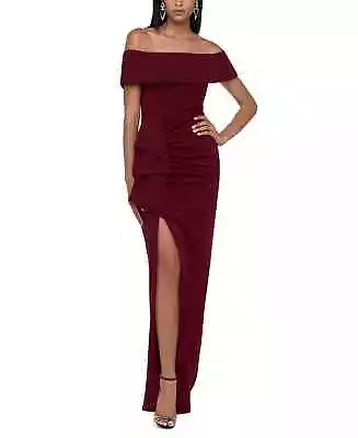 XSCAPE Evening Gown Off The Shoulder Burgundy Size 10 Ruffled High Slit NWT $249 • £90.34