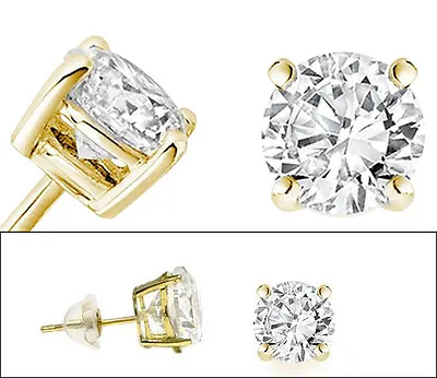 Solid 14k Yellow Gold And Round Cubic Zirconia CZ Solitaire Basket Stud Earrings • $33.95