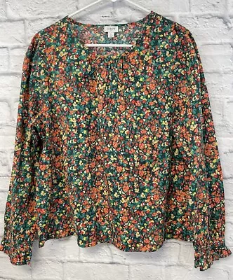 NEW J Crew Factory Top Blouse Women Large Floral Green Poplin Smocked Cuffs • $20.27