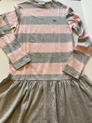 Lacoste Girl's 16 Pink & Gray Striped Dress 100% Cotton Twirl Skirt Long Sleeve • £28.14