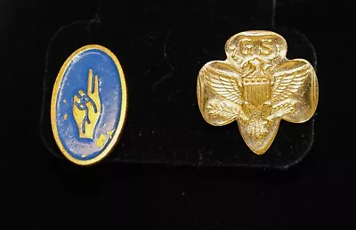 2 Vintage Girl Scout/Brownie Pins: Gold Tone Star Eagle & Blue Two Finger Salute • $10