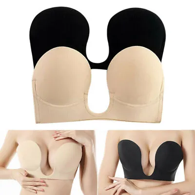 Women Strapless Bra Deep Plunge U Shaped Backless Low Cut Invisible Silicone Bra • £9.85