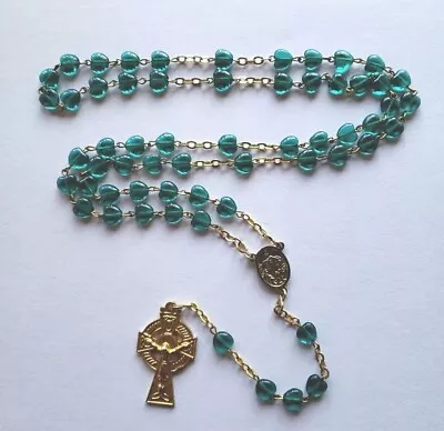Vtg New Rosary Beads Grn Glass Hearts Our Lady Of Knock Medal Irin Crucifix   • $14.98