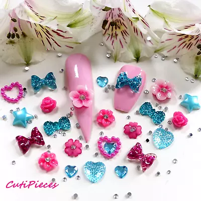 24pcs 3D Nail Art  Hot Pink Turquoise Blue  Flowers Heart Glitter Bows Gem Craft • £2.95